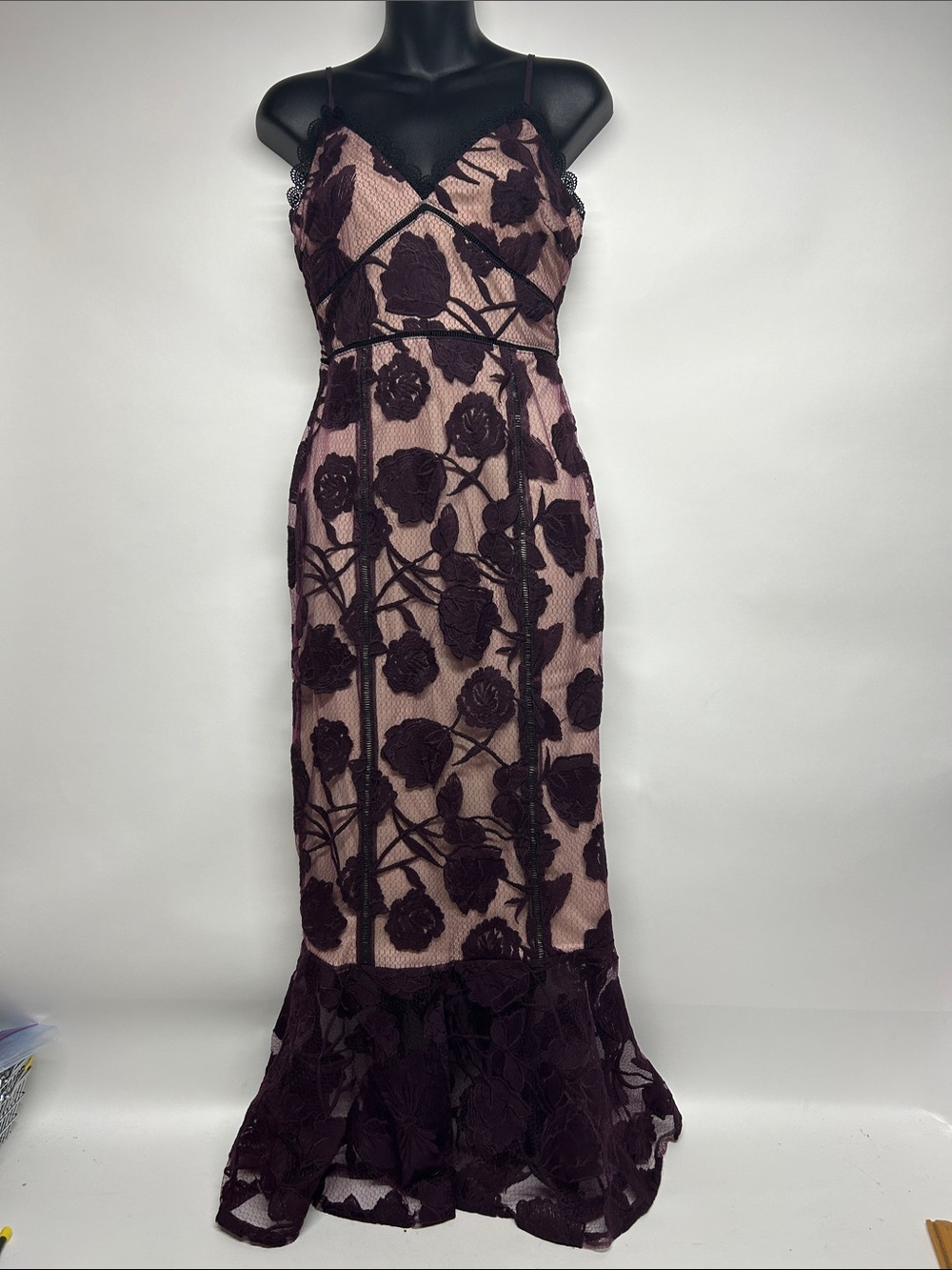 Lulu's Plum Lace Appliqué Spaghetti Strap Maxi Dress small altered